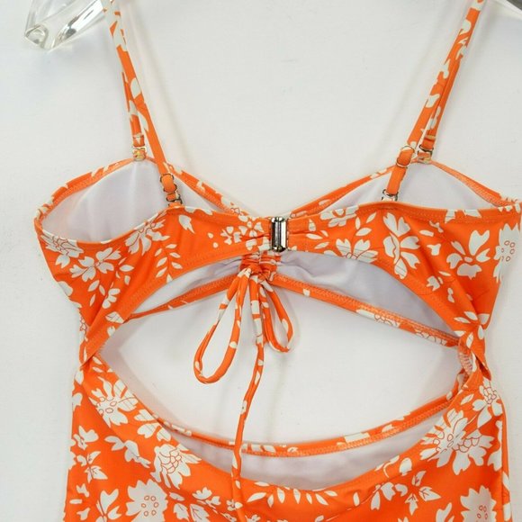 Women's Orange One Piece Swimsuit SMALL Floral Strappy Draw-String‎ Cut Out - Picture 8 of 11